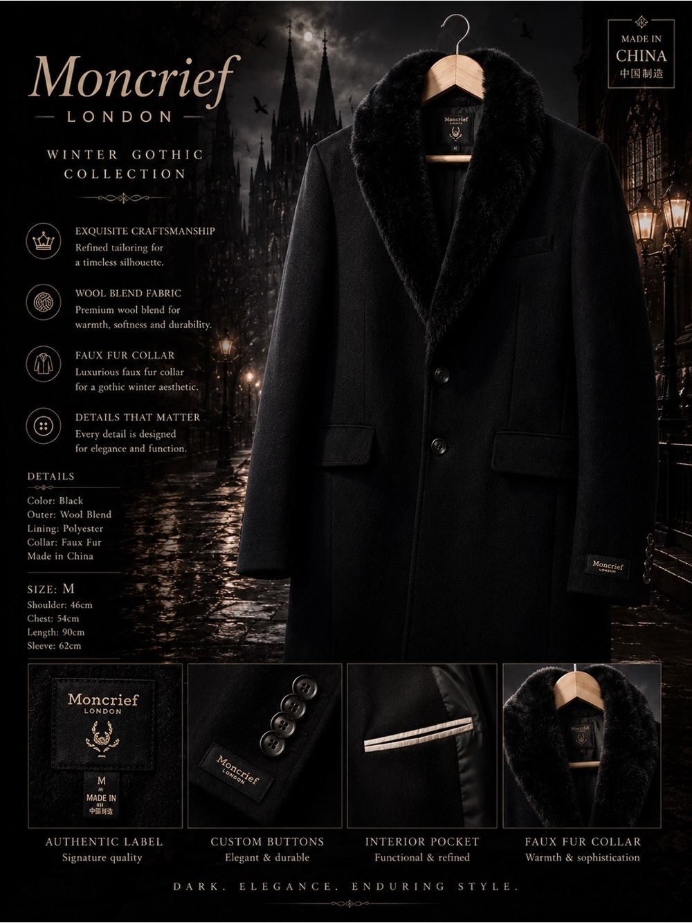 Men's black Wool Pea Coat with Black Fur Shawl Collar